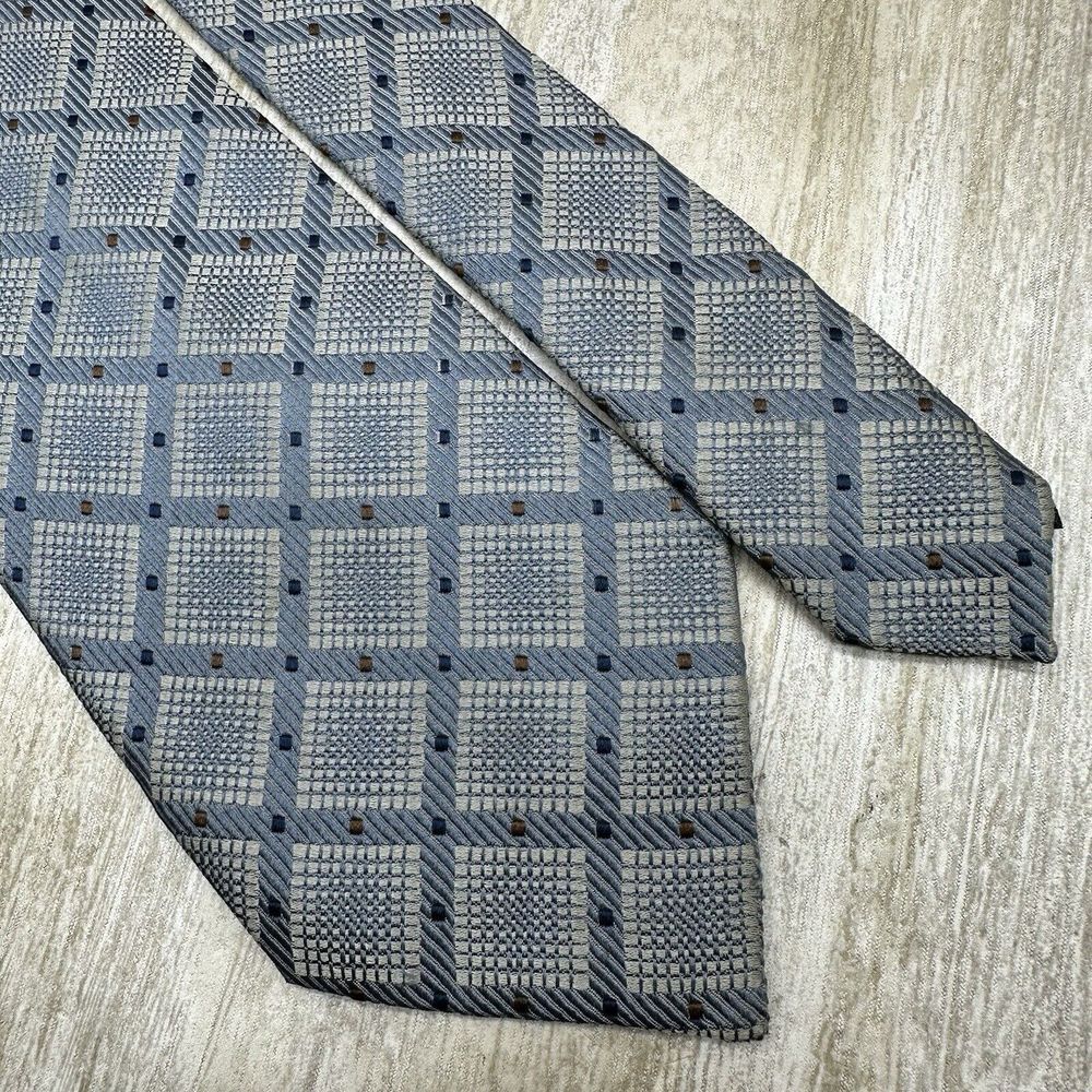 Ermenegildo Zegna Neck Tie Textures Windowpane Geometric Squares Blue Gray‎